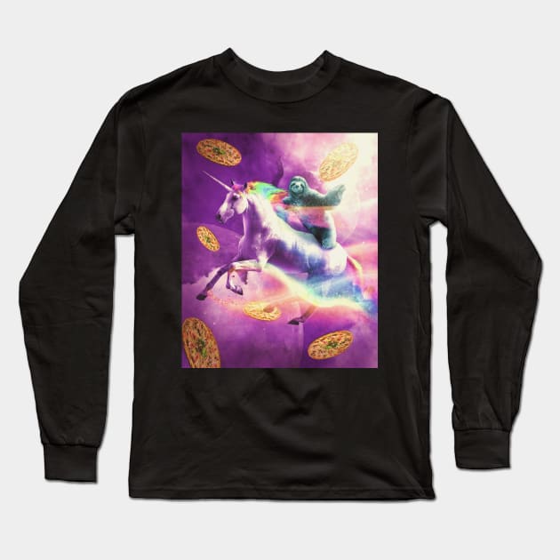 Space Sloth Riding On Flying Unicorn With Pizza Long Sleeve T-Shirt by Random Galaxy